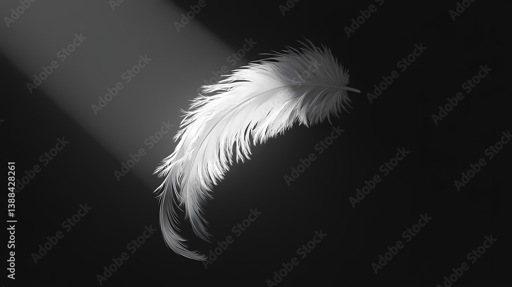 Obraz premium Light white feathers drifting down on a glossy black background, aesthetic, meditation, calming, inspiration, shadow. Drifting Shadows. Illustration