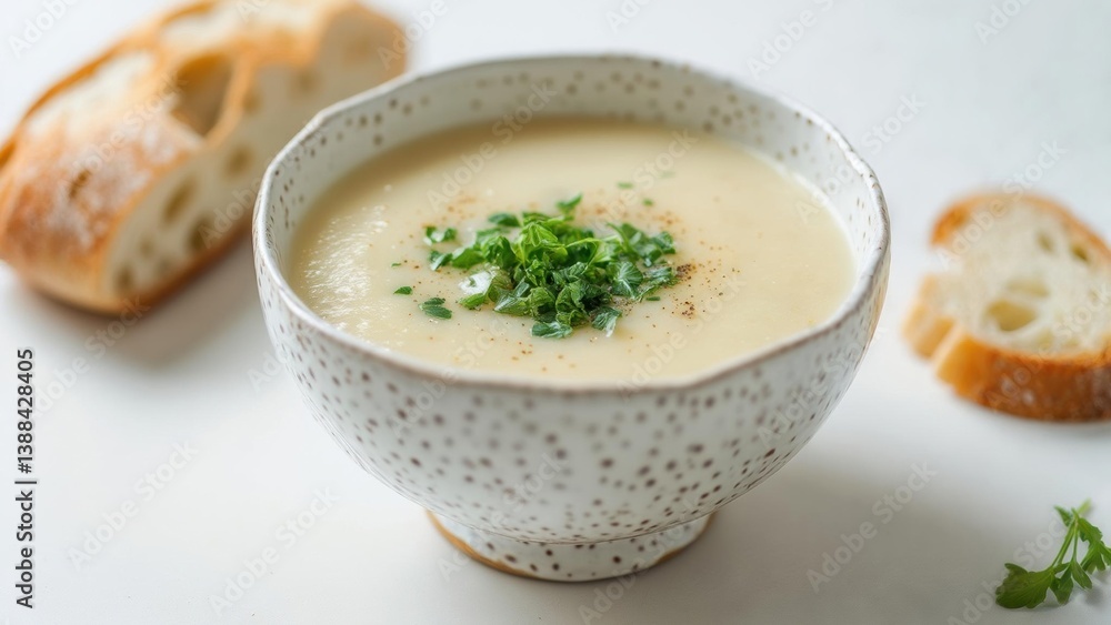 Creamy soup served in a bowl with fresh herbs and crusty bread on the side Creamy soup served in a bowl with fresh herbs and crusty bread on the side