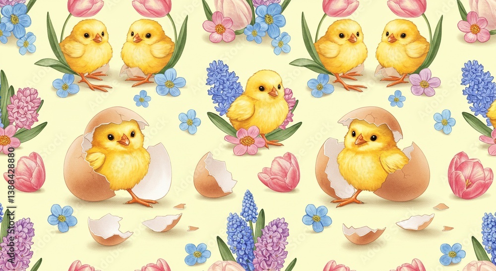 Fototapeta premium Adorable Easter Chicks Hatching from Eggs Surrounded by Spring Flowers Seamless Pattern