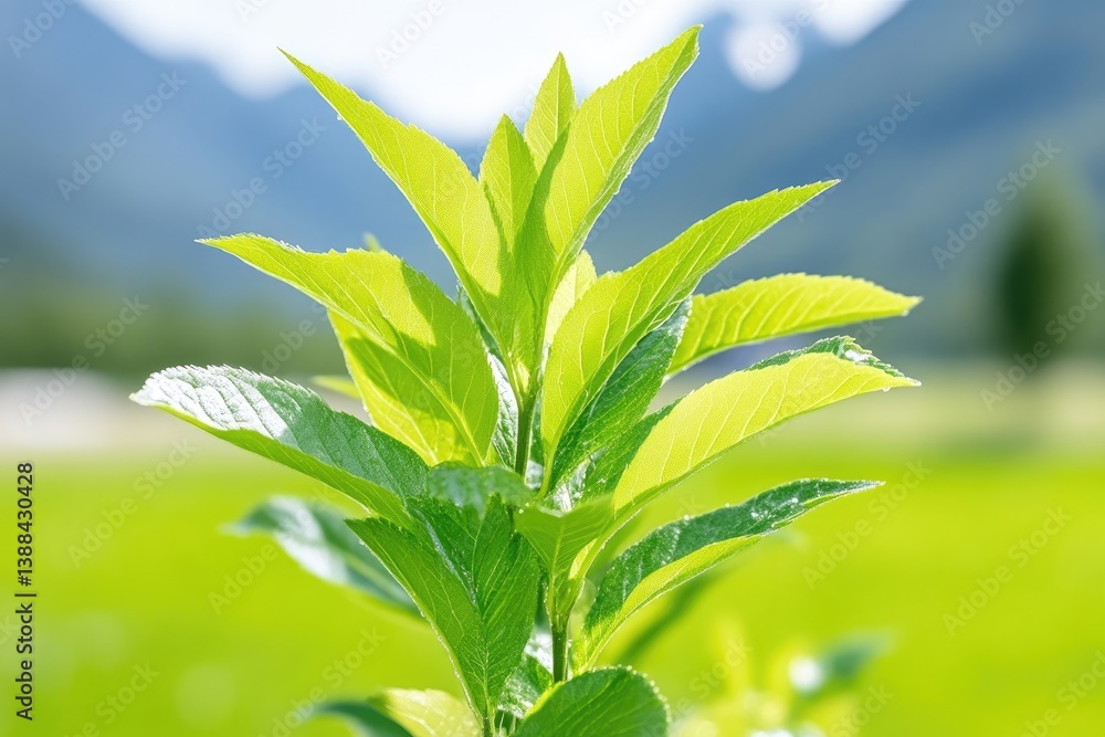 Obraz premium Bright green young leaves sprout against a blurred background
