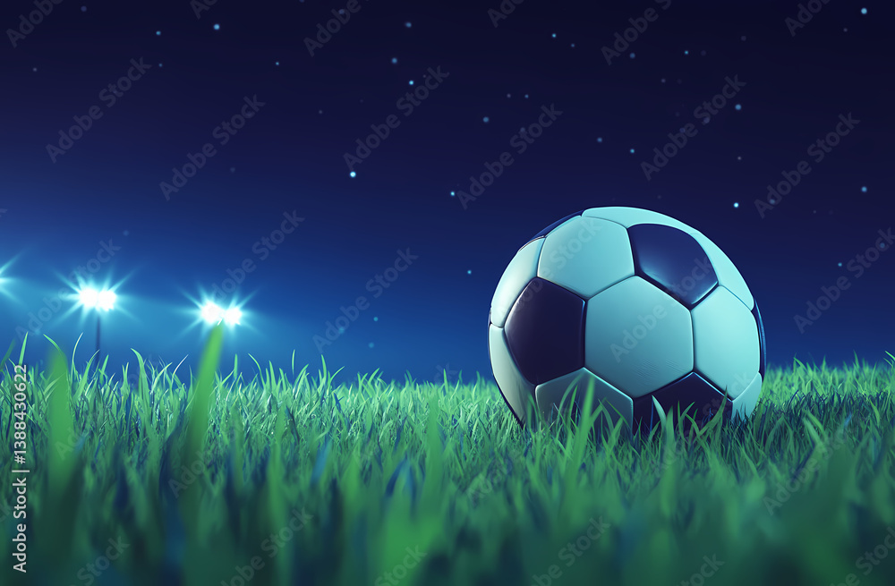 Naklejka premium Soccer Ball on Illuminated Pitch: A captivating visual of a soccer ball resting on lush green grass, bathed in the glow of stadium lights under a starlit night sky.