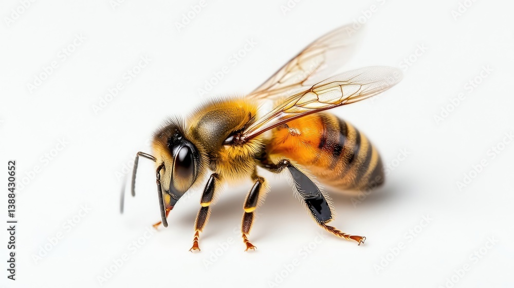 A honeybee is shown in profile view. Its body is brown and orange with dark stripes. Its wings are translucent. The image is high-resolution with sharp focus and even lighting. The style is naturalist A honeybee is shown in profile view. Its body is brown and orange with dark stripes. Its wings are translucent. The image is high-resolution with sharp focus and even lighting. The style is naturalist