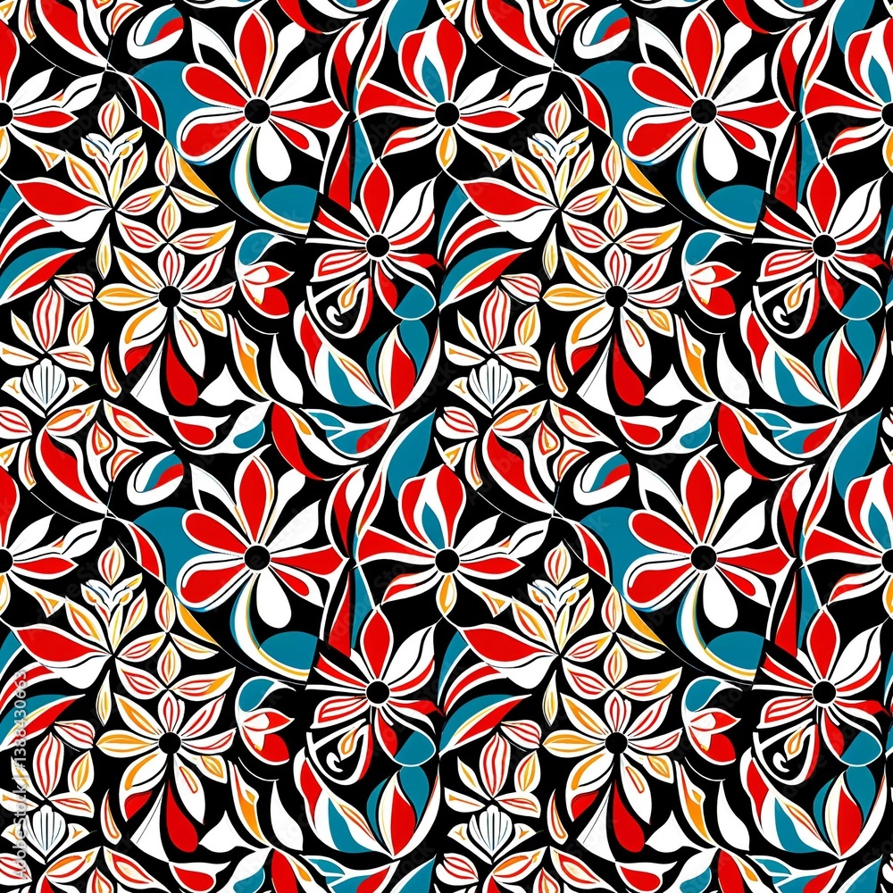 A black background with red, white and blue flowers. A black background with red, white and blue flowers.