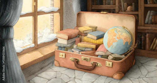 Open suitcase with books and globe by a window in cozy watercolor