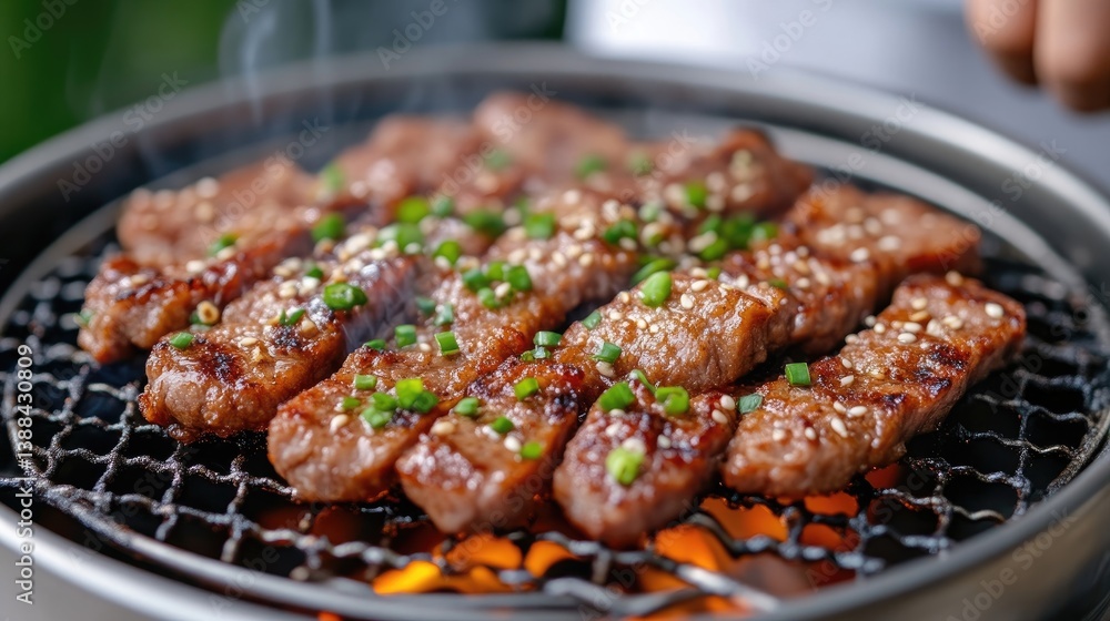 Grilled beef strips sizzling on a portable barbecue Grilled beef strips sizzling on a portable barbecue