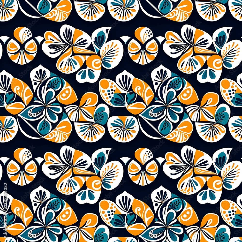 A blue and orange floral pattern on a dark blue background. A blue and orange floral pattern on a dark blue background.
