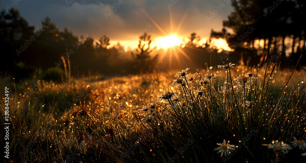 Sunrise over a blooming meadow with golden rays and glistening dewdrops Sunrise over a blooming meadow with golden rays and glistening dewdrops