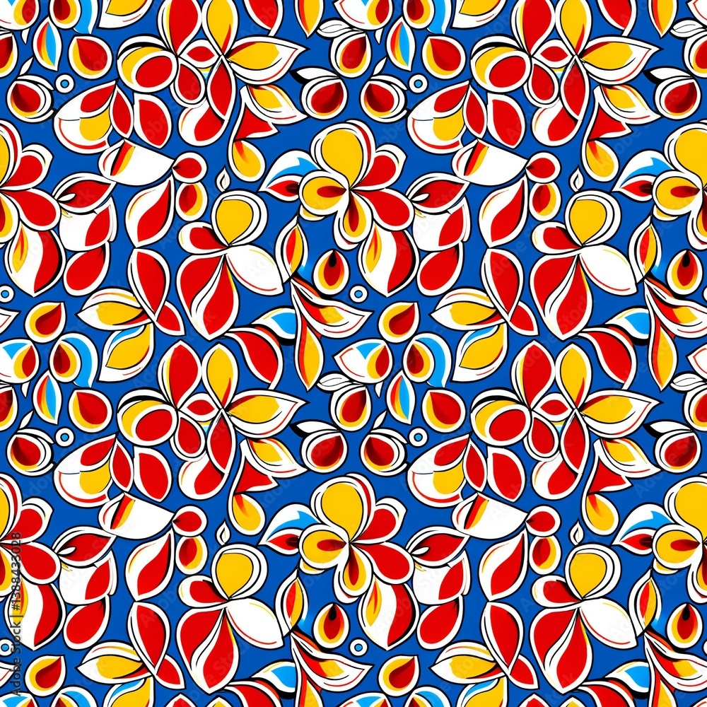 A blue background with red, yellow and white flowers. A blue background with red, yellow and white flowers.