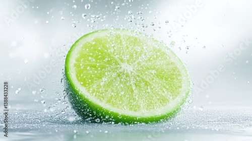 Lime Wedge Water Splashes Bright Clean Style High Resolution Close-up Shot Juicy Texture Refreshing Hydration Light Grey Background Vibrant Green tones Ideal for Beverage Ads