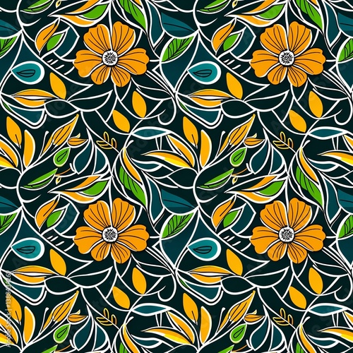 A floral pattern with orange and green flowers on a dark background.
