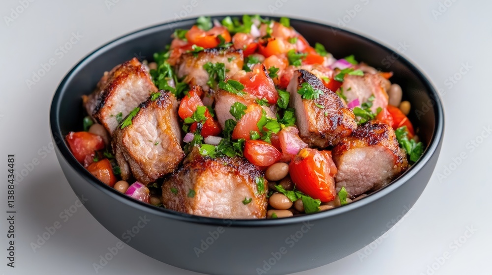 A bowl holds grilled pork cubes, beans, and a vibrant tomato salsa. The composition is simple, showcasing the food. The high-quality image features sharp focus and bright lighting. A clean, appetiz A bowl holds grilled pork cubes, beans, and a vibrant tomato salsa. The composition is simple, showcasing the food. The high-quality image features sharp focus and bright lighting. A clean, appetiz