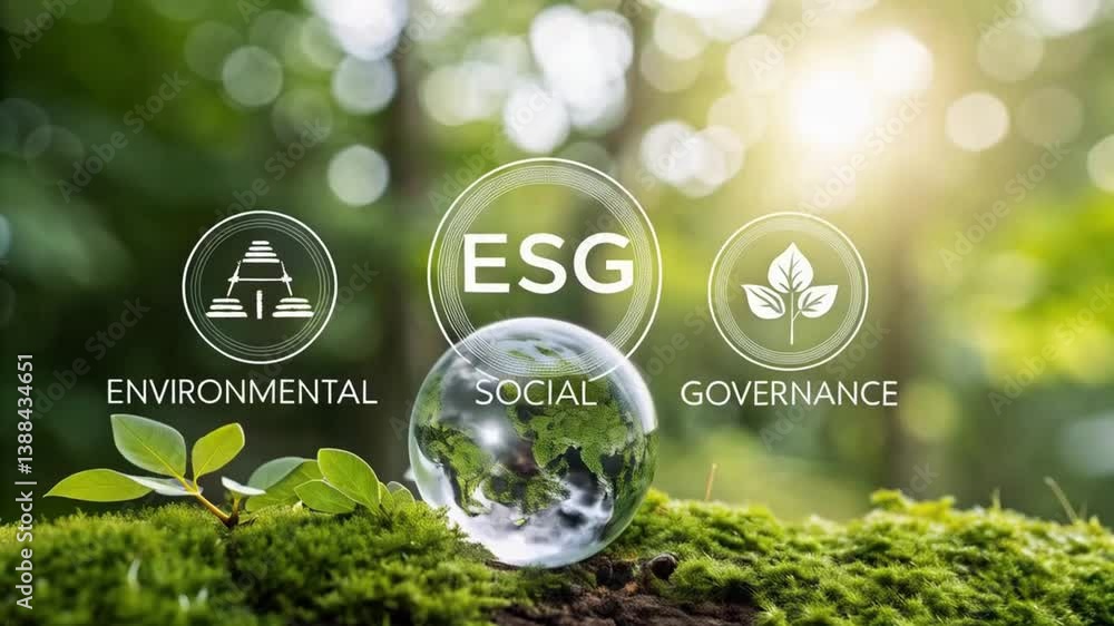 Esg concept with glass globe on moss representing environmental social and governance factors focus