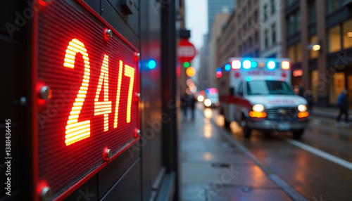Emergency ambulance responding 24/7 on rainy city street  