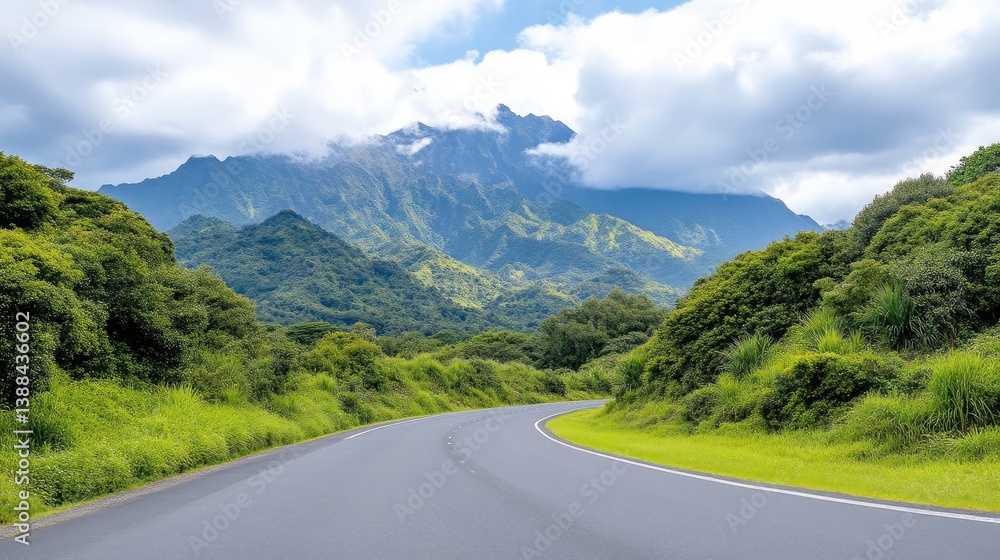 Naklejka premium A winding asphalt road curves gently through lush green hills. Mountains rise in the background, partly shrouded in clouds. The image is high-resolution, showcasing vibrant colors and sharp detail un
