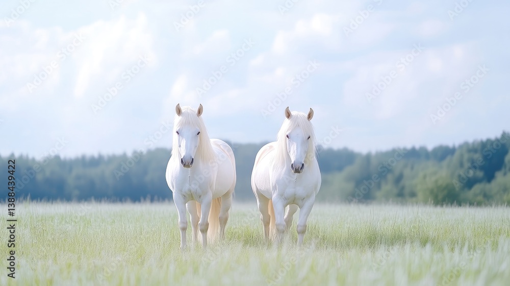 Obraz premium Two white horses walk towards the camera in a field. The image is bright, with soft, natural lighting. It has a peaceful, serene mood. The background is a softly blurred green field and trees. The
