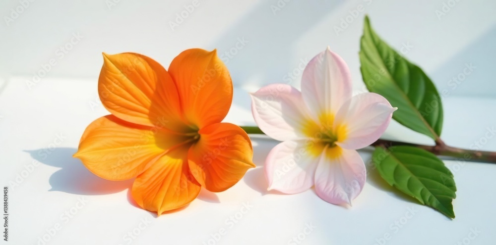 Obraz premium Brightly colored flower on white surface with shadows, colorful, bold, shadow