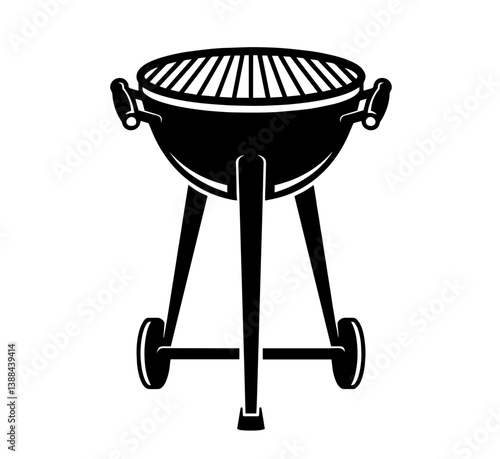Round grill with legs and side handles with grid on top representing cooking device used for outdoor open fire grilling of meat or vegetables typically heated by charcoal or gas.

