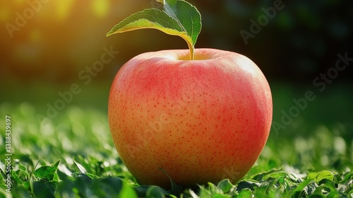 Fresh Red Apple with Leaf on Green Grass Background in Natural Light