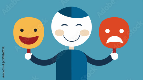 Mask of Emotions A character holding two masks one smiling and one frowning illustrating the conflict between how they want to be perceived and their inner turmoil.