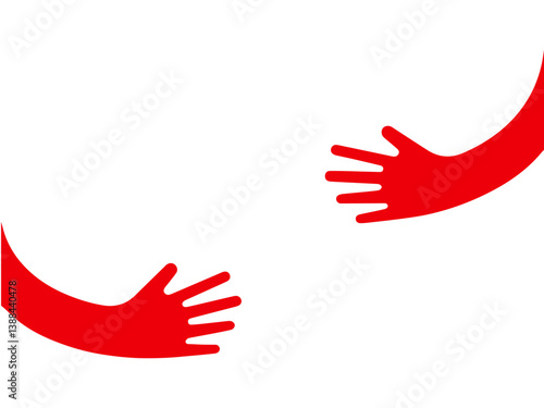 Two red hands reaching to connect, embrace each other symbolizing psychological, emotional support in hard situations showing human empathy help unity strength care bonding mental health recovery.