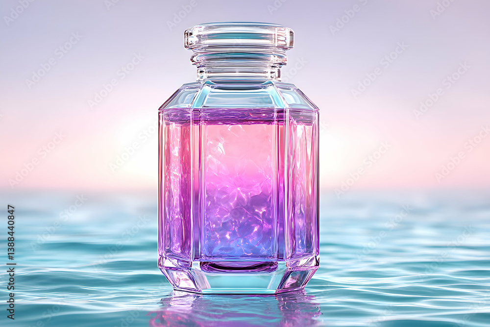 Crystal perfume bottle with iridescent liquid floats on calm ocean at sunset Crystal perfume bottle with iridescent liquid floats on calm ocean at sunset