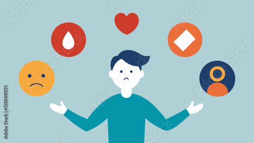 Juggling Emotions An individual is shown juggling various emotion symbols like a heart a tear a frown with a worried expression suggesting the struggle to manage overwhelming