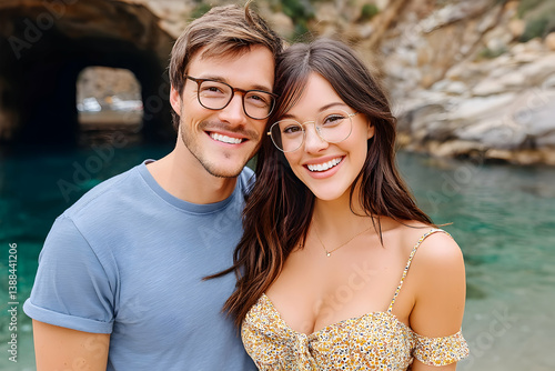 Happy couple smiling near ocean cave
