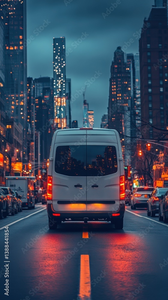 Obraz premium Modern White Van on Urban Street at Night with City Lights in Background