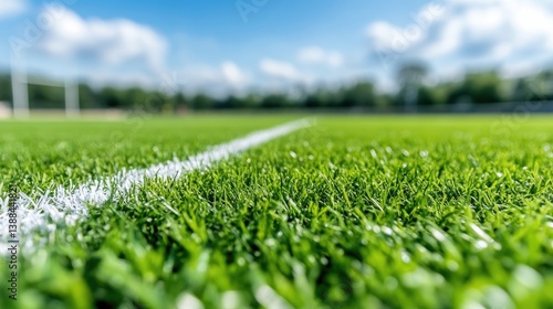 Close-up view of a vibrant artificial playing field, with a crisp white line.  Sunny day,  outdoors