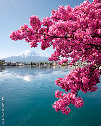 Vibrant pink blossoms frame a serene lake with a majestic snow-capped mountain in the background