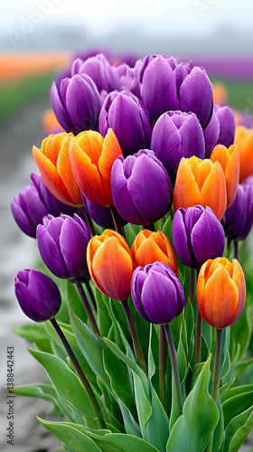 Vibrant purple and orange tulips in a field