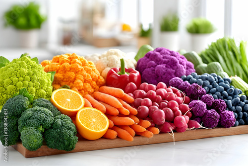 Vibrant rainbow array of fresh fruits and vegetables on a wooden board