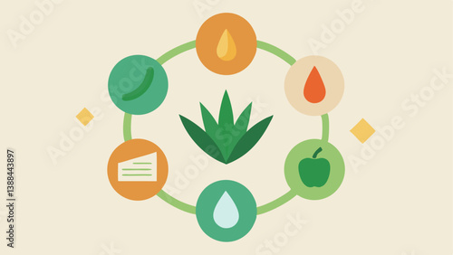 Natural Ingredients Vector icons of natural ingredients like aloe vera hyaluronic acid and vitamin C arranged around a central circle to indicate their role in promoting elastin