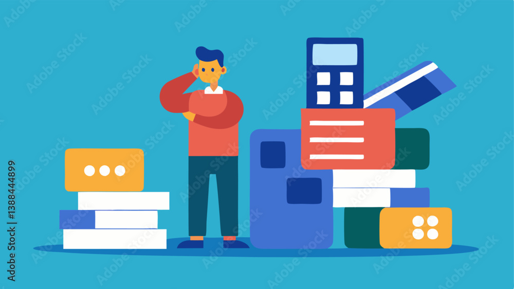 Debt Management A person with a worried expression standing between two tall piles symbolizing different types of debt credit cards loans using a large calculator to find a plan Debt Management A person with a worried expression standing between two tall piles symbolizing different types of debt credit cards loans using a large calculator to find a plan