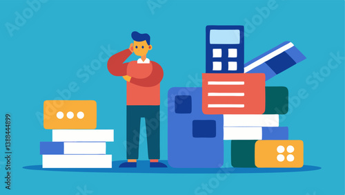 Debt Management A person with a worried expression standing between two tall piles symbolizing different types of debt credit cards loans using a large calculator to find a plan