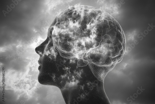 Human brain merging with cloudy sky in a black and white double exposure