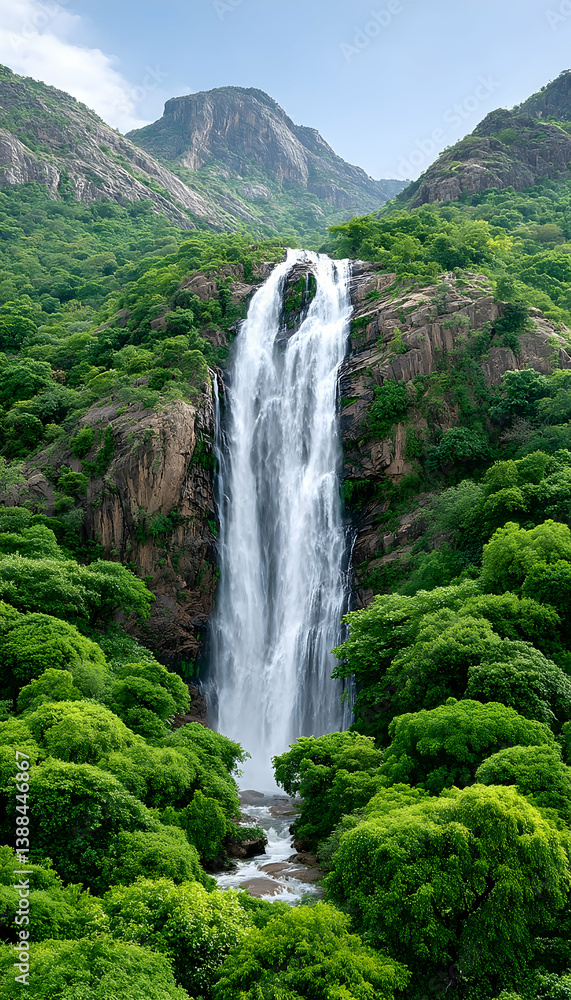 Obraz premium Majestic waterfall cascading down rocky cliffs, surrounded by lush green foliage and mountains