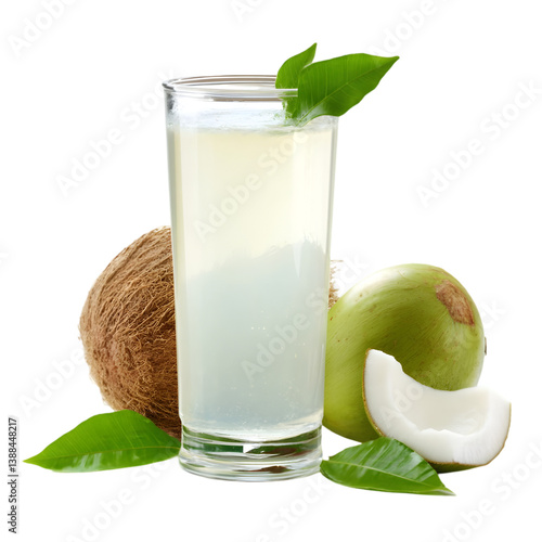 Coconut water juice in beautiful glass isolated on transparent background refreshing tropical drink