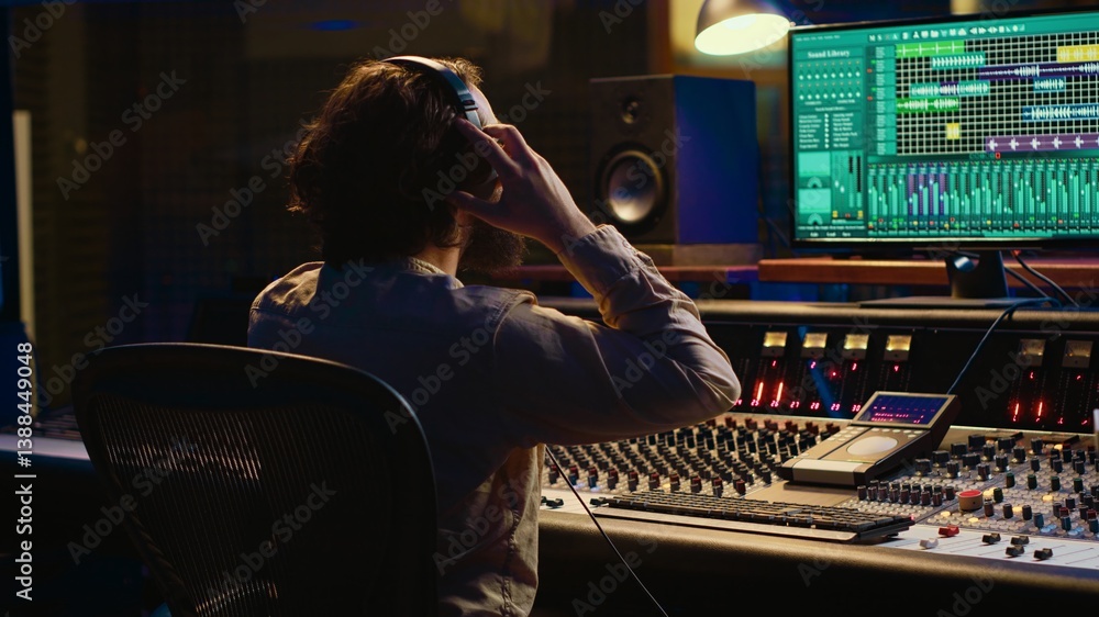 Mixer producer develops audio by editing recordings and integrating additional sounds using buttons on mixing console. Engineer in sound design uses motorized faders at production studio. Camera A.