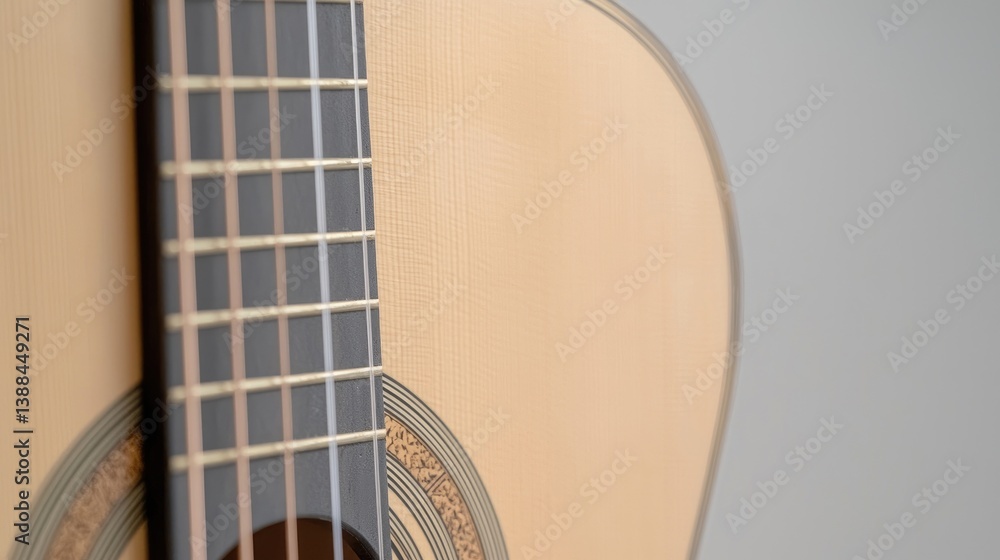 Obraz premium Close-up of acoustic guitar neck and body. Wooden fretboard and soundhole