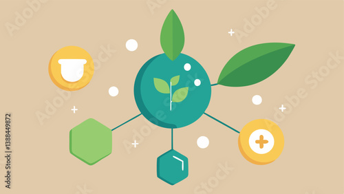 Nanotechnology Ingredients An array of natural ingredients like plant extracts depicted with small icons of nano particles mingling within them signifying synergy for skin