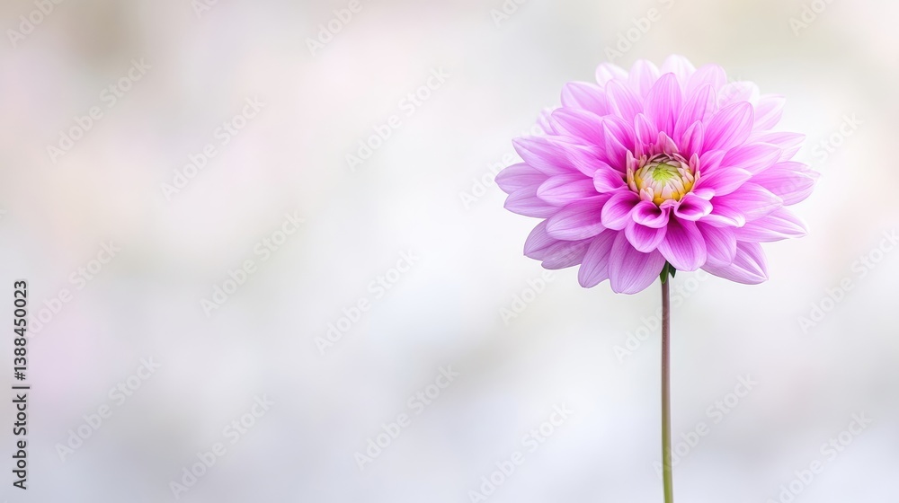 Obraz premium A single pink dahlia blooms in the center. Its petals are delicate and numerous. The stem is slender and extends to the bottom. The background is softly blurred, creating a bokeh effect. The image i
