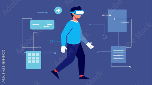 Project Walkthrough A client walking through a virtual building model wearing AR goggles surrounded by digital annotations pointing out features they can adjust or view.