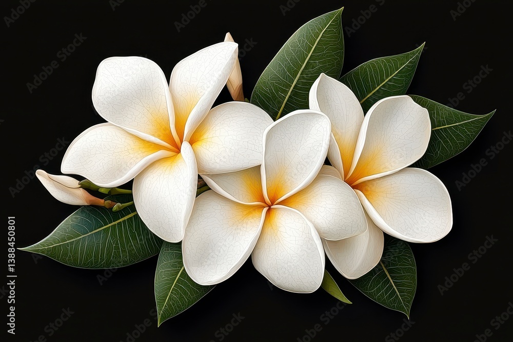 Fototapeta premium Elegant White and Yellow Plumeria Flowers with Green Leaves on Black Background