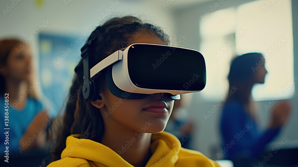 Student engages in immersive learning experience through virtual reality technology in a futuristic classroom setting Student engages in immersive learning experience through virtual reality technology in a futuristic classroom setting