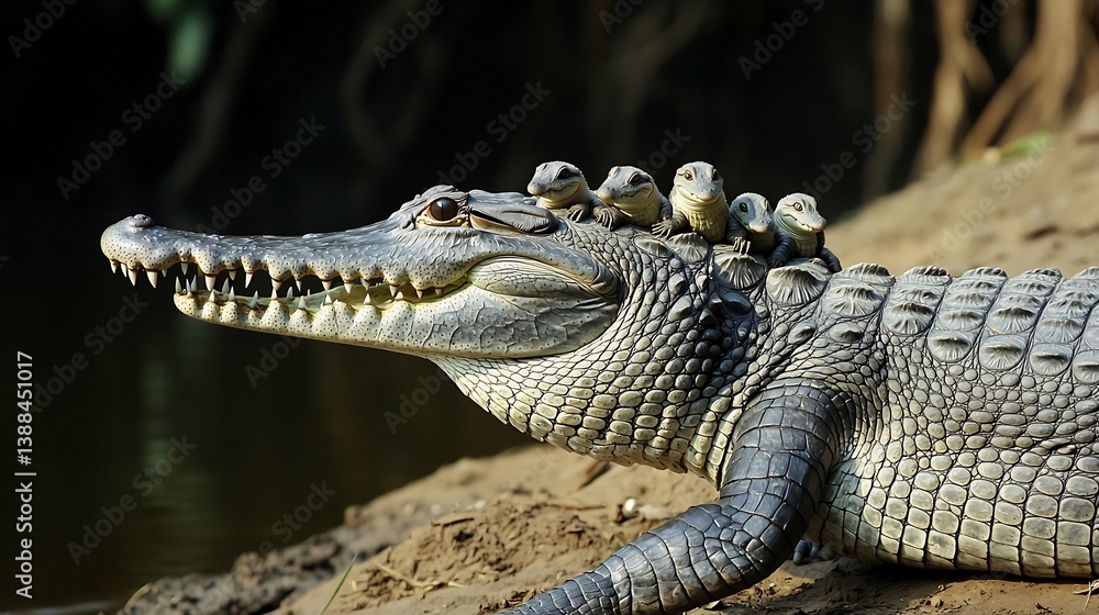 Naklejka premium Gharial crocodile basking Indian riverbank slender snout hatchlings riding on adult's back
