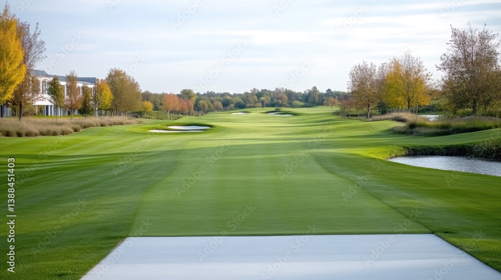 A pristine golf course fairway stretches into the distance. Trees line the background, creating a picturesque landscape. The image is high-quality, with excellent lighting and resolution. The style A pristine golf course fairway stretches into the distance. Trees line the background, creating a picturesque landscape. The image is high-quality, with excellent lighting and resolution. The style