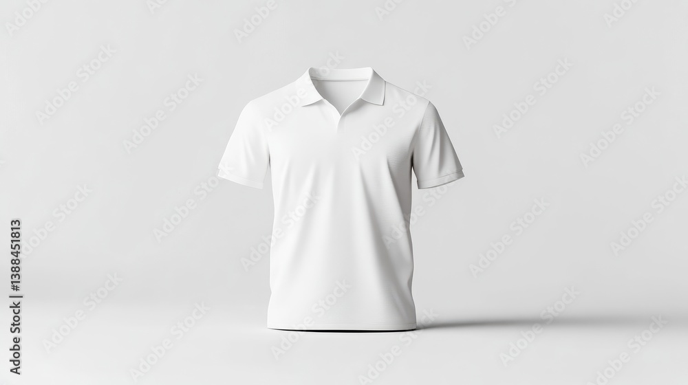 A plain white polo shirt is shown. It has short sleeves and a collared neckline. The shirt is positioned centrally against a plain white background. The image is clean and simple, high resolution, wi A plain white polo shirt is shown. It has short sleeves and a collared neckline. The shirt is positioned centrally against a plain white background. The image is clean and simple, high resolution, wi
