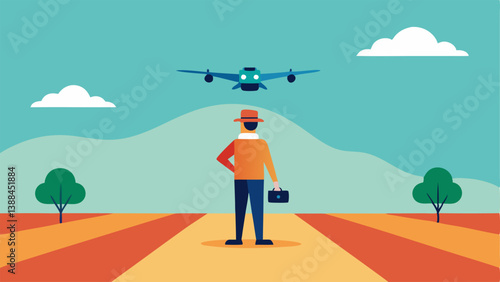 Drone Landing A scene showing a drone preparing to land on a small cleared patch of farmland with the pilot standing with arms crossed watching.