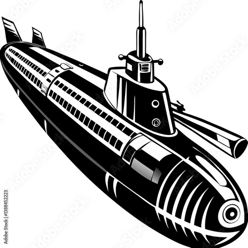 Submarine in black and white illustration depicting underwater exploration  